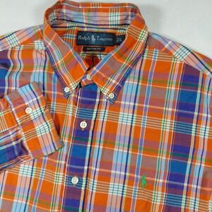 Ralph Lauren Custom Fit Mens Large Orange Plaid Button Down Shirt Long Sleeve
